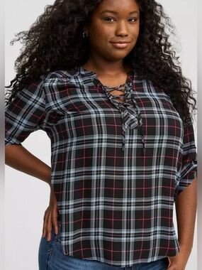 Torrid Harper Plaid Babydoll Swing Blouse Size 2X 18 20 Lace Up Casual Office